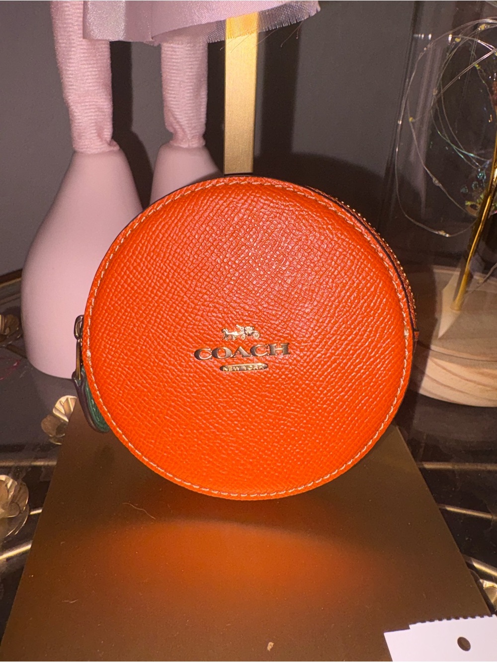 COACH Orange Round Leather Coin Case with Gold Logo